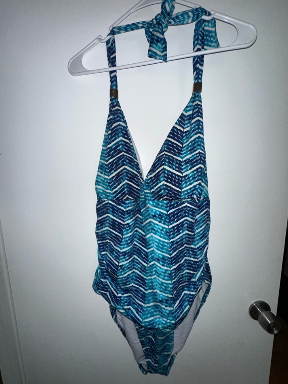 Ralph Lauren Ocean Blue and Teal Patterned Chevron One-Piece Swimsuit Womens 20W